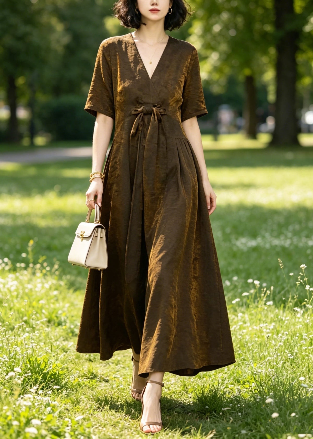 Satin Crinkle Texture Deep V-Neck Tie Bow A-Line Maxi Dress