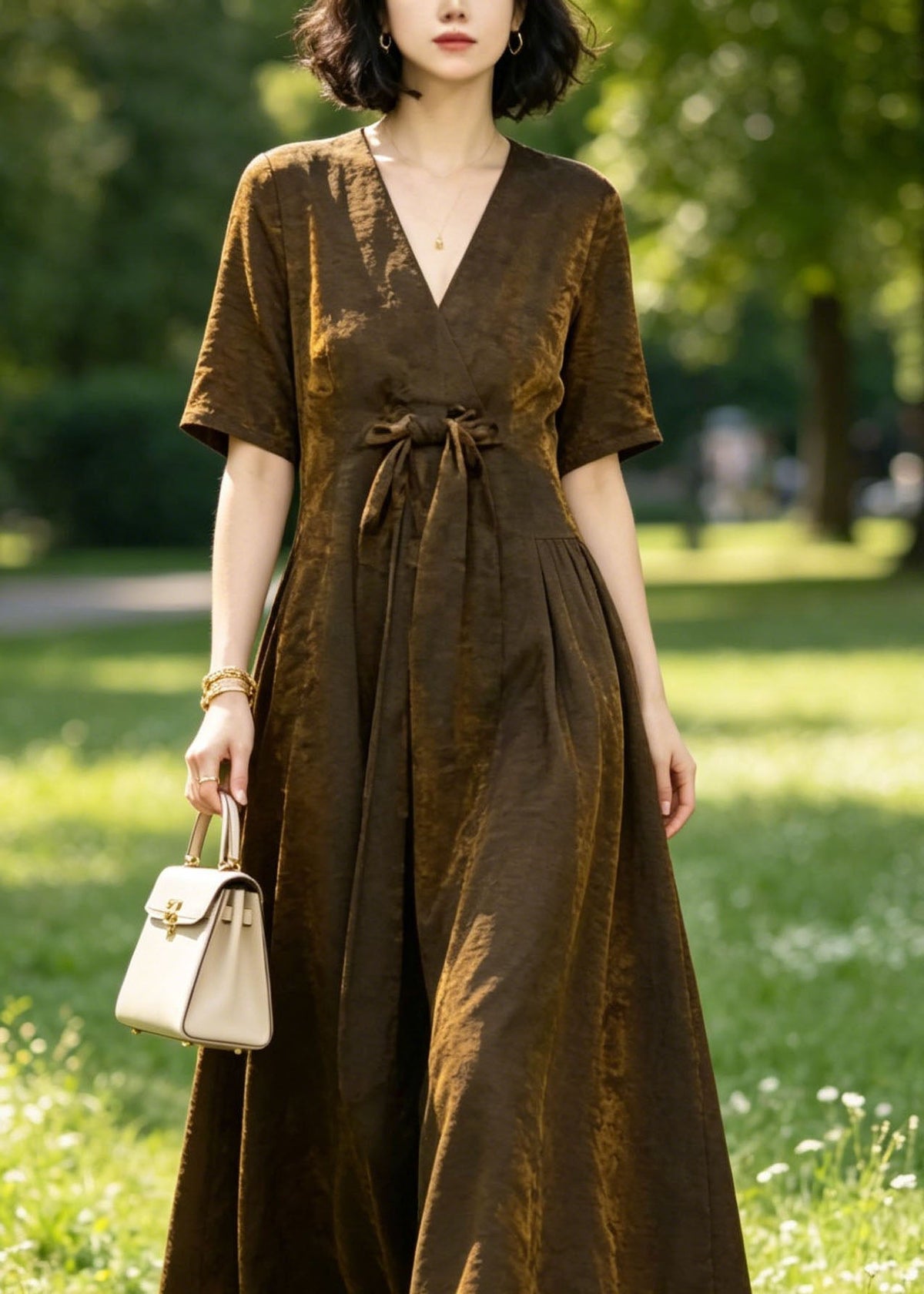 Satin Crinkle Texture Deep V-Neck Tie Bow A-Line Maxi Dress - View 2