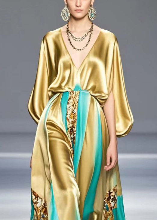 Metallic Satin Deep V-Neck Bishop Cape Sleeve Floral Panel Maxi Gown - View 2