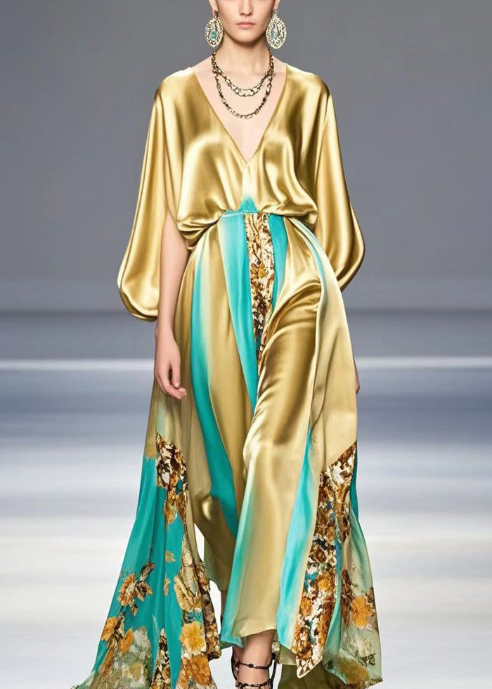 Metallic Satin Deep V-Neck Bishop Cape Sleeve Floral Panel Maxi Gown - View 3