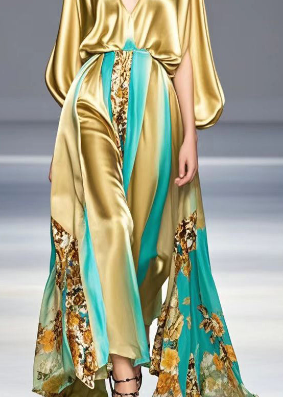 Metallic Satin Deep V-Neck Bishop Cape Sleeve Floral Panel Maxi Gown - View 4