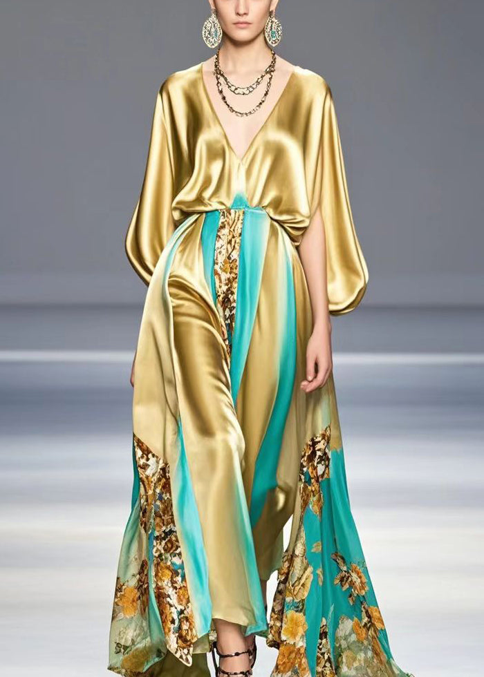 Metallic Satin Deep V-Neck Bishop Cape Sleeve Floral Panel Maxi Gown - View 5