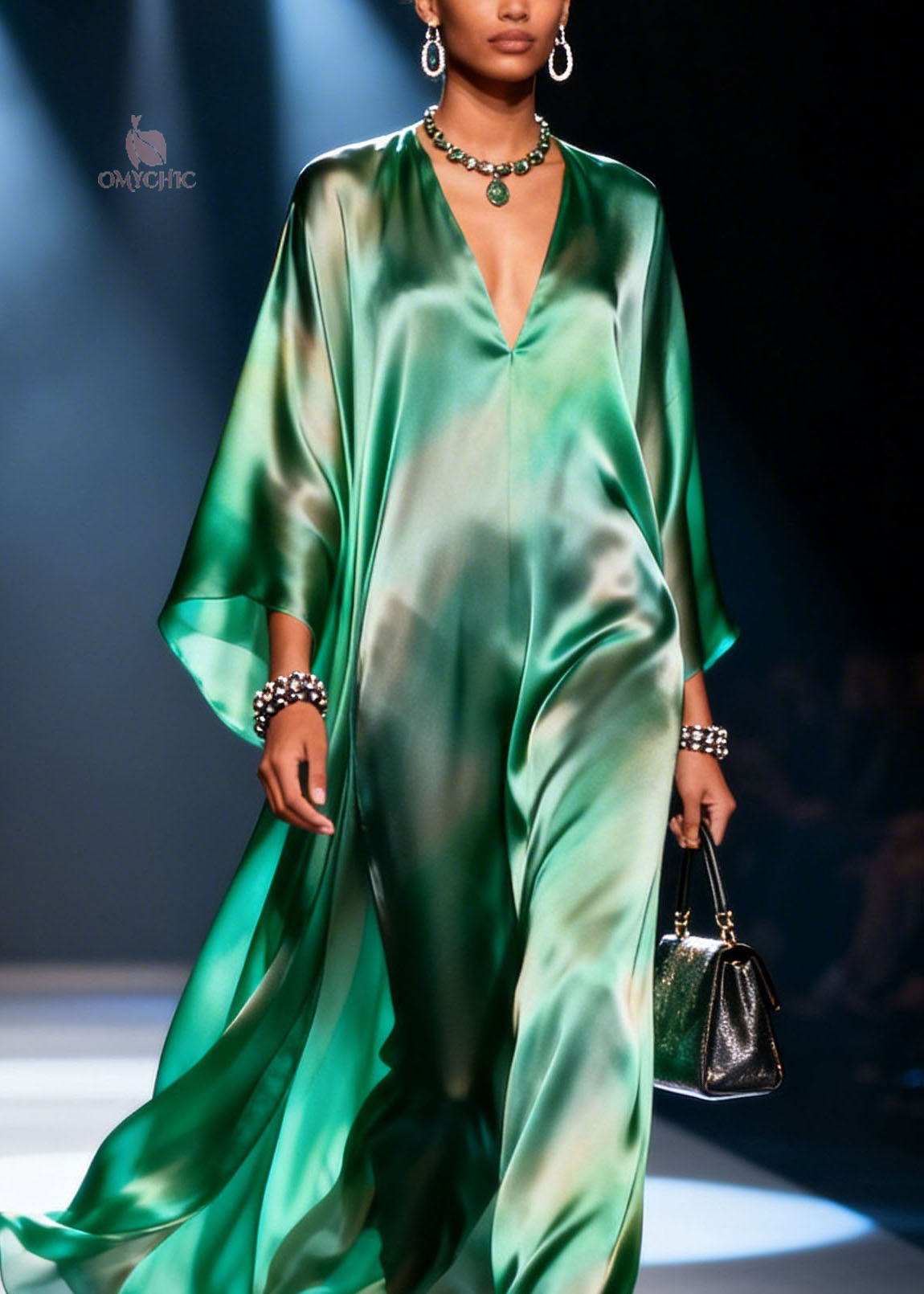 Satin Deep V-Neck Kaftan Sleeve Wide Leg Jumpsuit - View 2