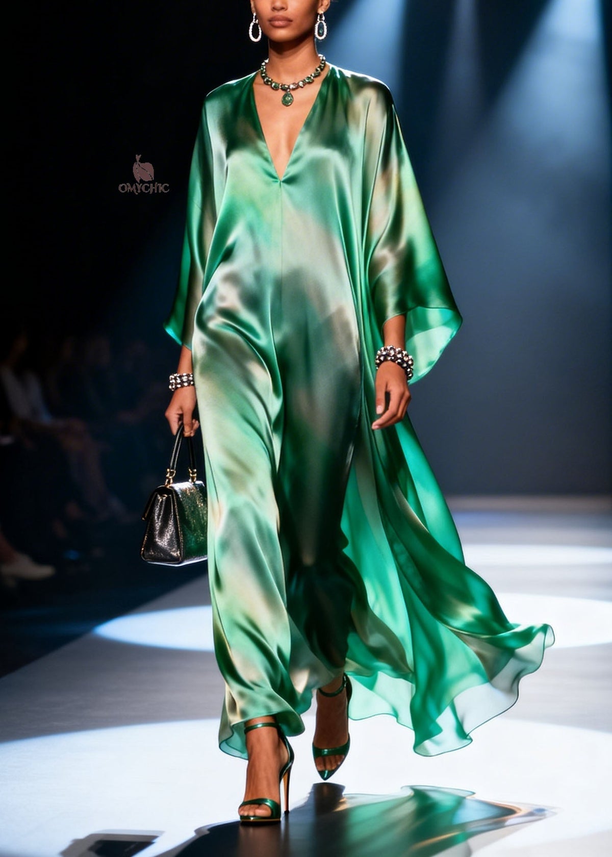 Satin Deep V-Neck Kaftan Sleeve Wide Leg Jumpsuit - View 3