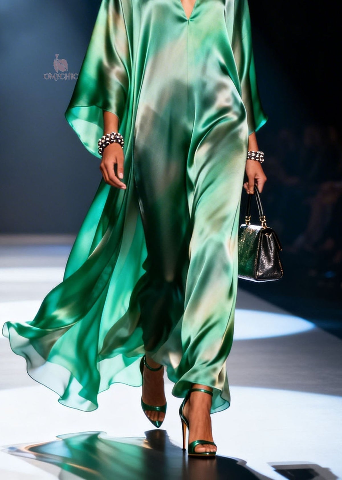 Satin Deep V-Neck Kaftan Sleeve Wide Leg Jumpsuit - View 4