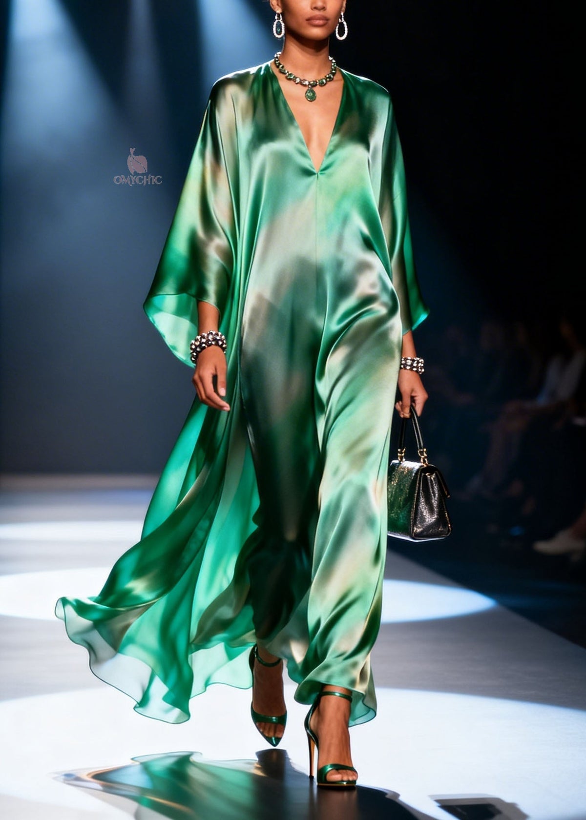 Satin Deep V-Neck Kaftan Sleeve Wide Leg Jumpsuit - View 5
