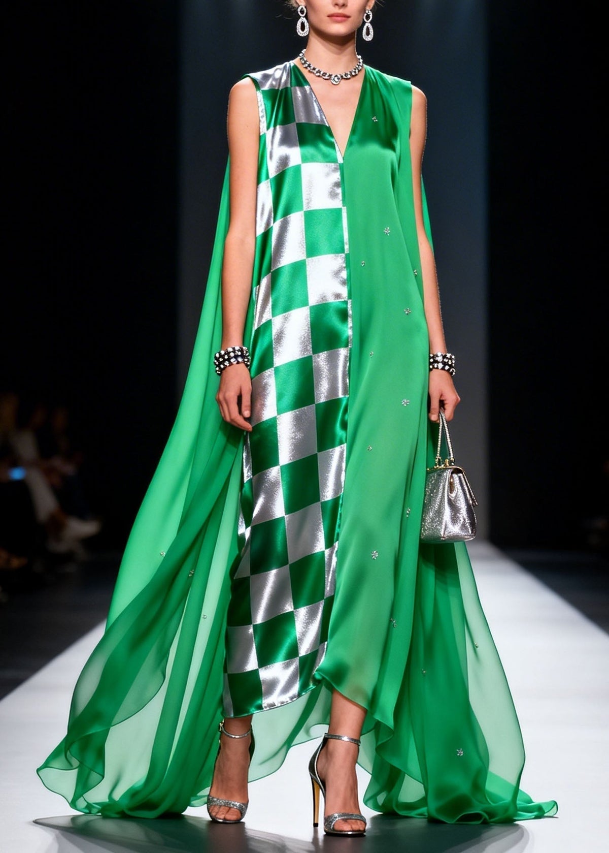 Checkered Panel Rhinestone Deep V-Neck Sleeveless Cape Maxi Gown