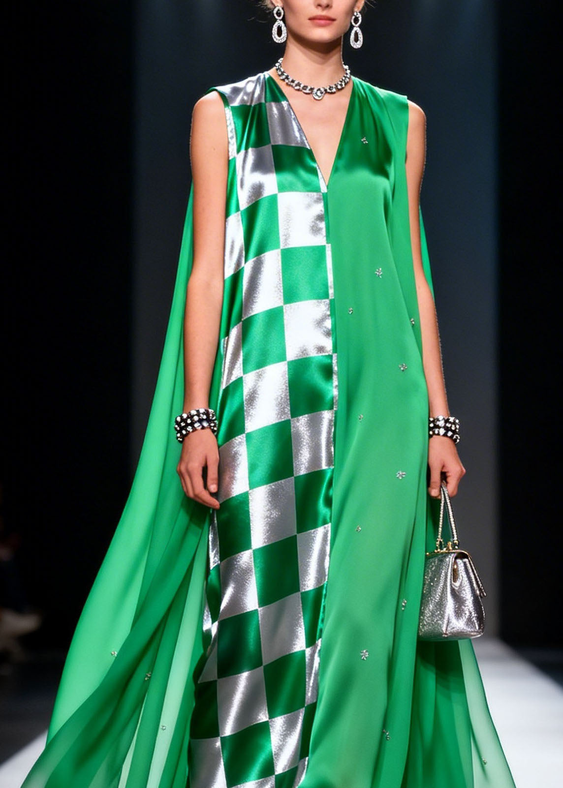 Checkered Panel Rhinestone Deep V-Neck Sleeveless Cape Maxi Gown - View 2
