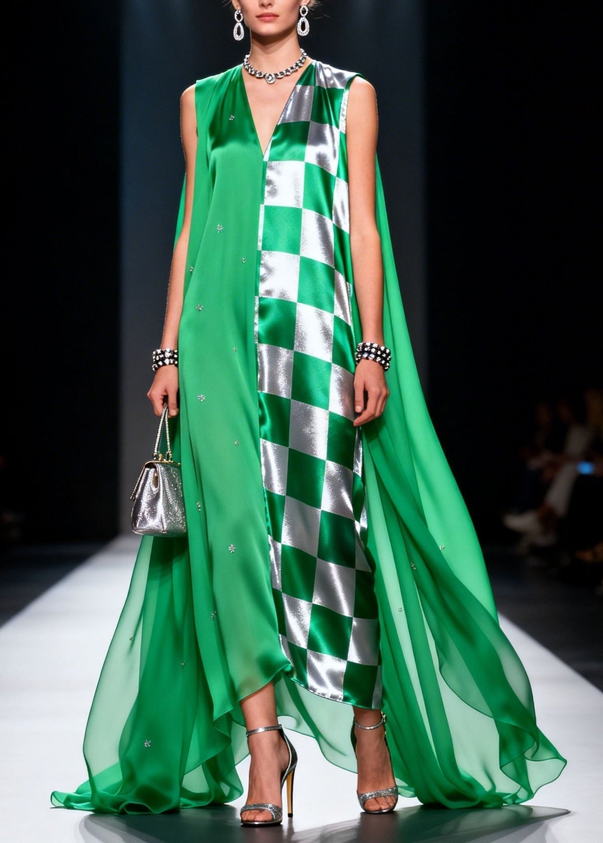 Checkered Panel Rhinestone Deep V-Neck Sleeveless Cape Maxi Gown - View 3