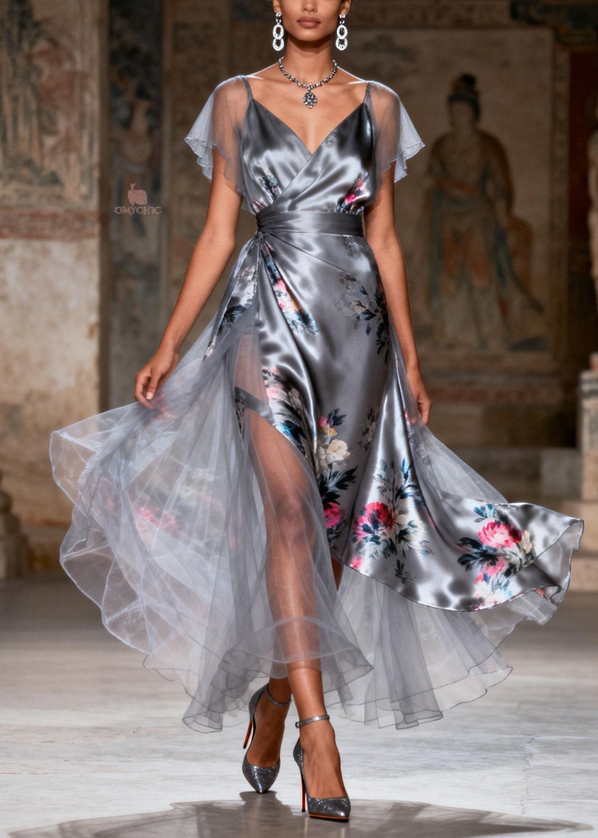 Floral Print Wrap V-Neck Flutter Sleeve High Split Maxi Gown - View 3
