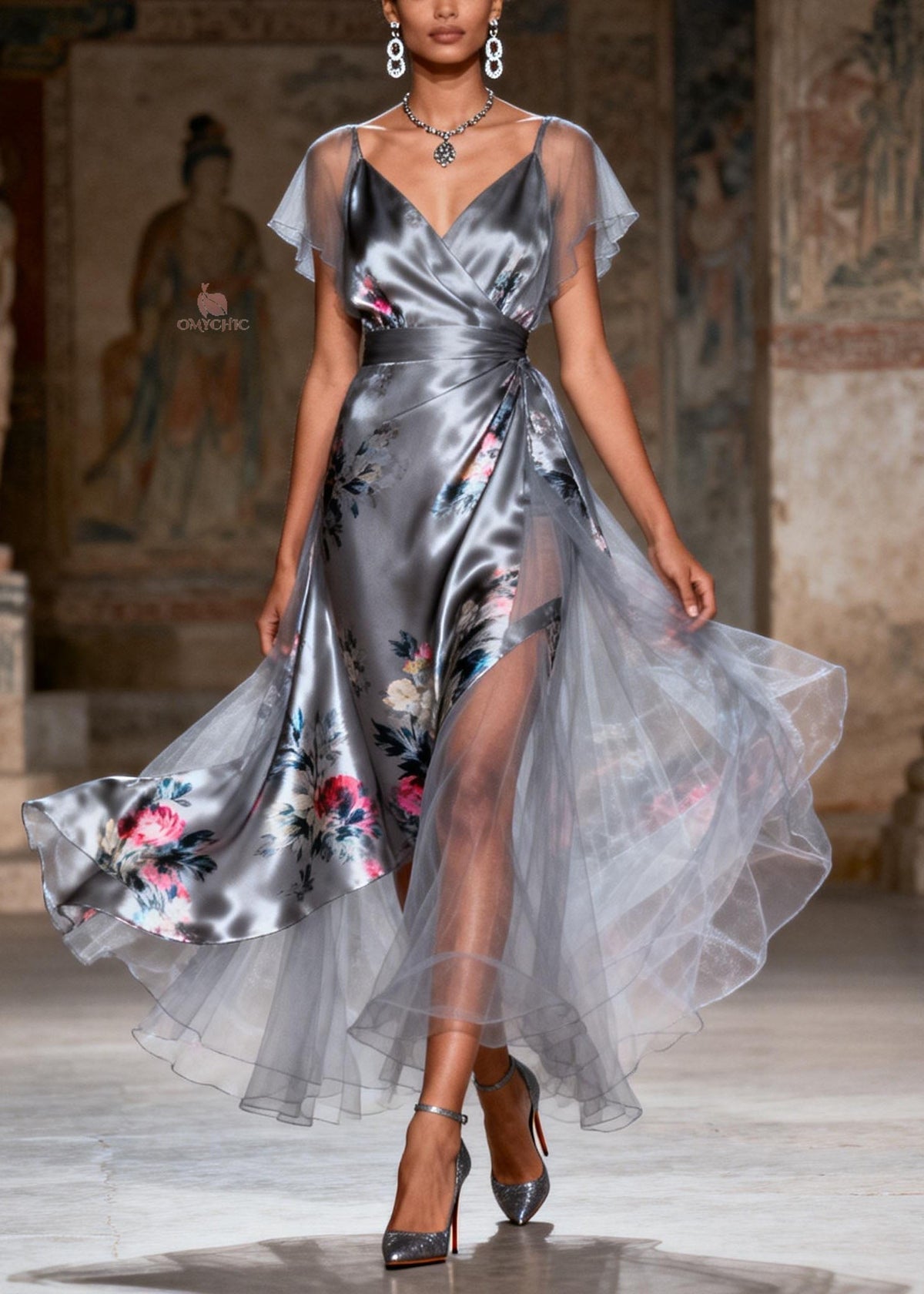 Floral Print Wrap V-Neck Flutter Sleeve High Split Maxi Gown - View 5