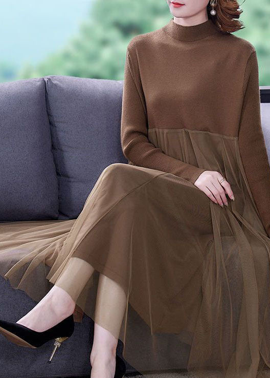 Unique Khaki Stand Collar Tulle Patchwork Knit Long Dress Long Sleeve - View 4
