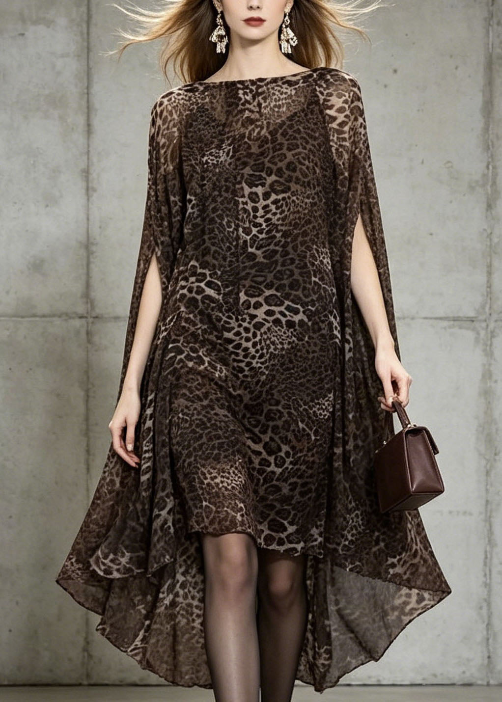 Chiffon Animal Print Boat Neck Cape Sleeve High Low Hem Cocktail Dress - View 2