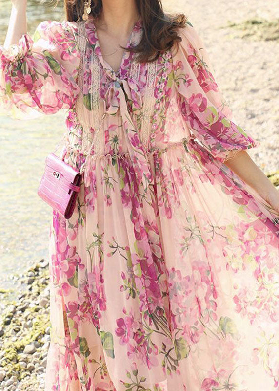 Floral Print Lace Trim Tie Neck Lantern Sleeve Chiffon Maxi Dress - View 2