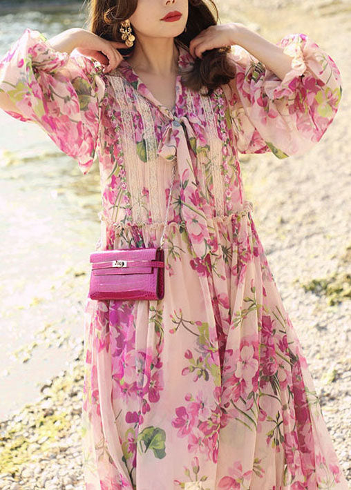 Floral Print Lace Trim Tie Neck Lantern Sleeve Chiffon Maxi Dress - View 3