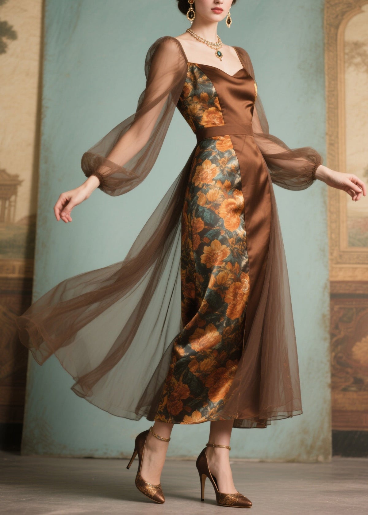 Floral Print Sweetheart Neck Satin Panel Mesh Midi Dress