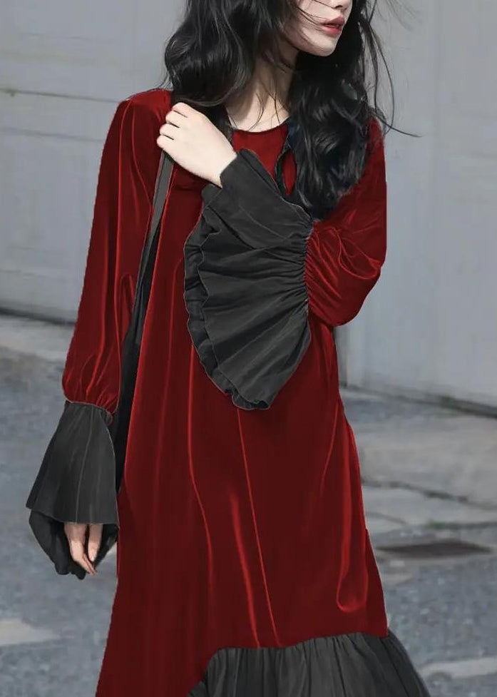 Velvet Crew Neck Balloon Cuff Pleated Hem A-Line Maxi Dress - View 4