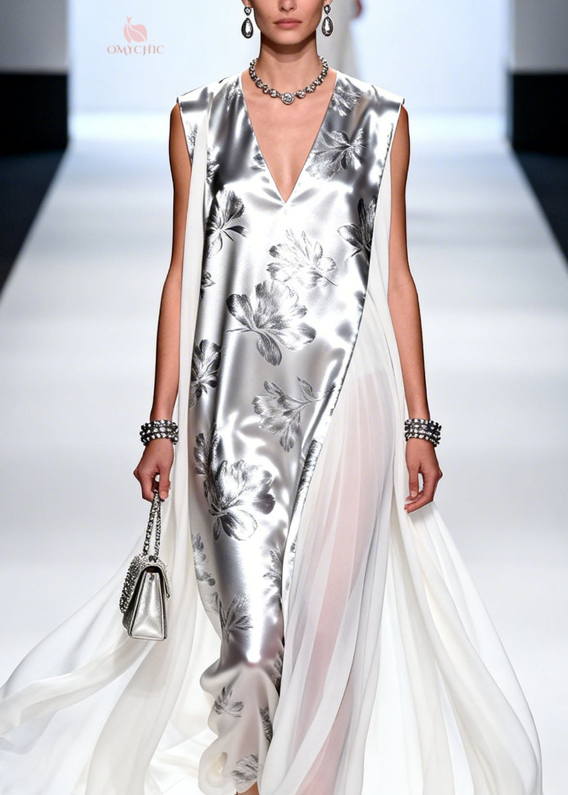 Chiffon Metallic Floral Print Deep V-Neck Sheer Cape Panel Maxi Gown - View 2