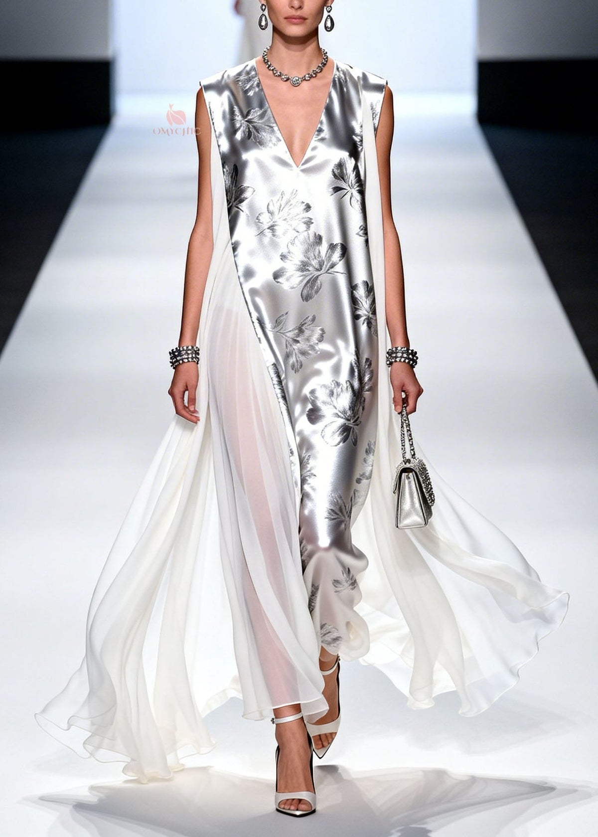 Chiffon Metallic Floral Print Deep V-Neck Sheer Cape Panel Maxi Gown - View 3