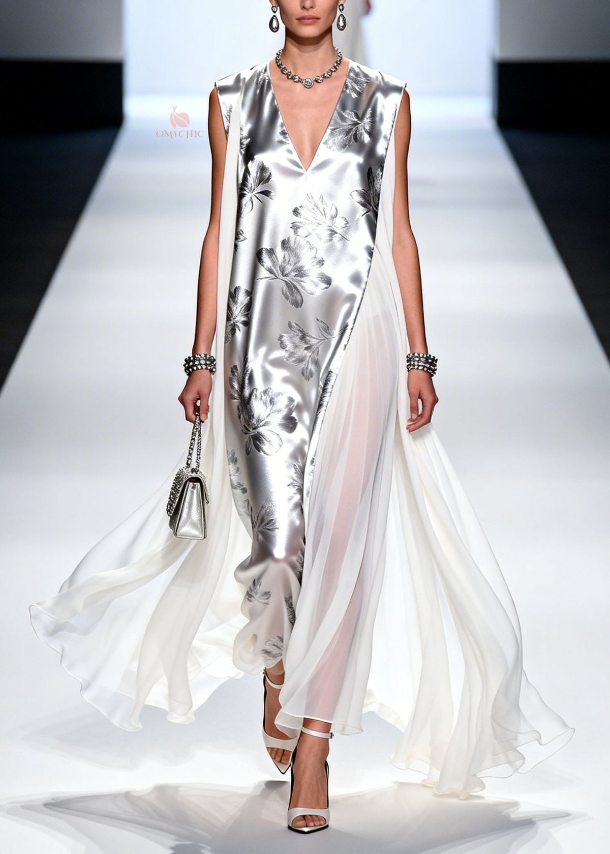 Chiffon Metallic Floral Print Deep V-Neck Sheer Cape Panel Maxi Gown - View 5