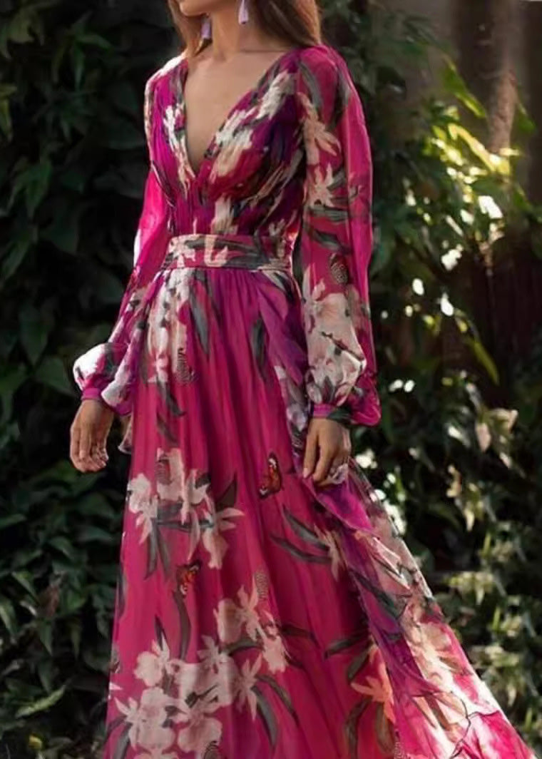 Chiffon Deep V-Neck Floral Butterfly Print Maxi Gown