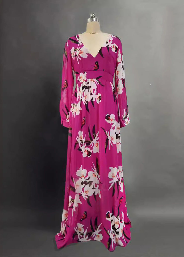 Chiffon Deep V-Neck Floral Butterfly Print Maxi Gown - View 3