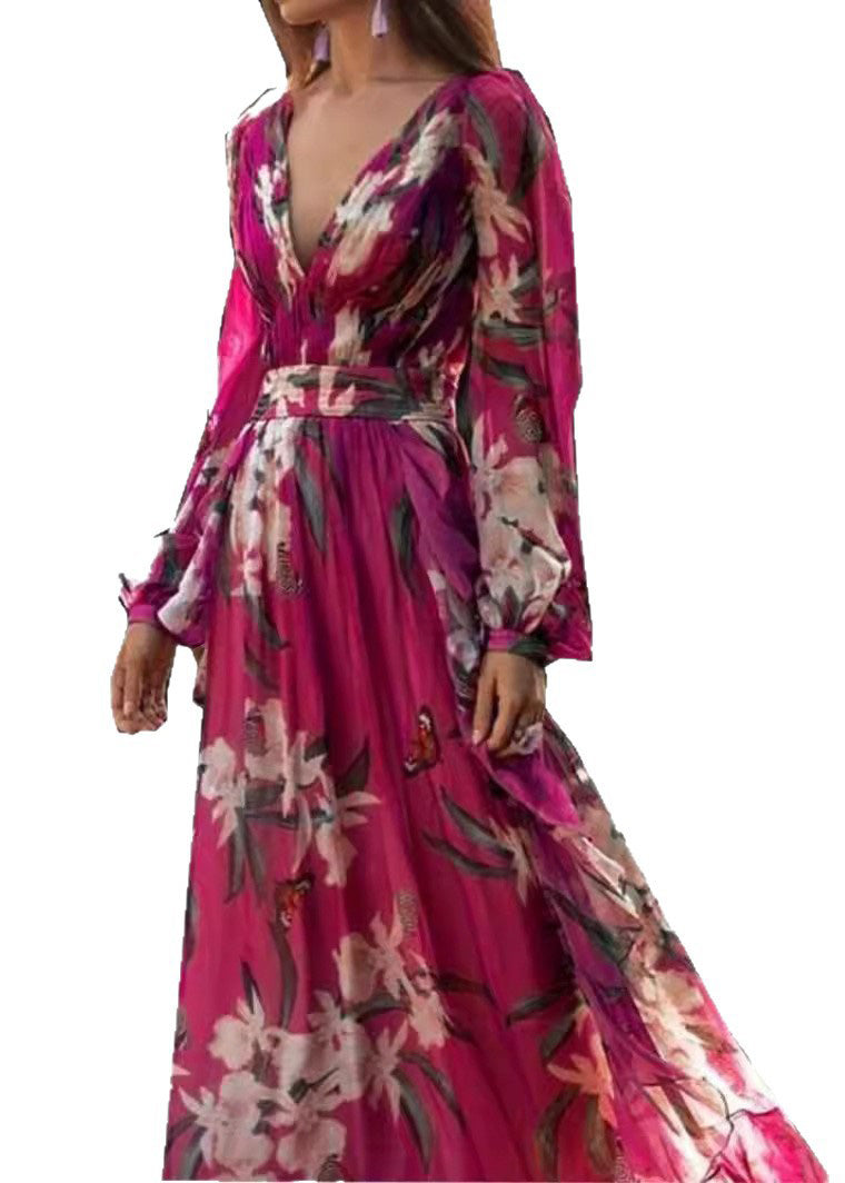 Chiffon Deep V-Neck Floral Butterfly Print Maxi Gown - View 5
