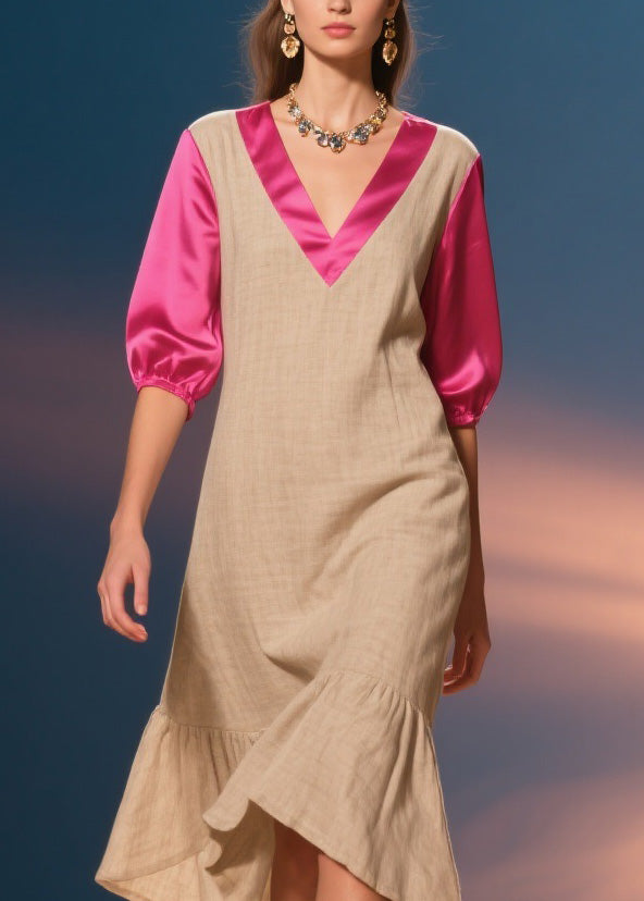Deep V-Neck Puff Sleeve Satin Trim Relaxed Shift Ruffle Hem Midi Dress - View 2