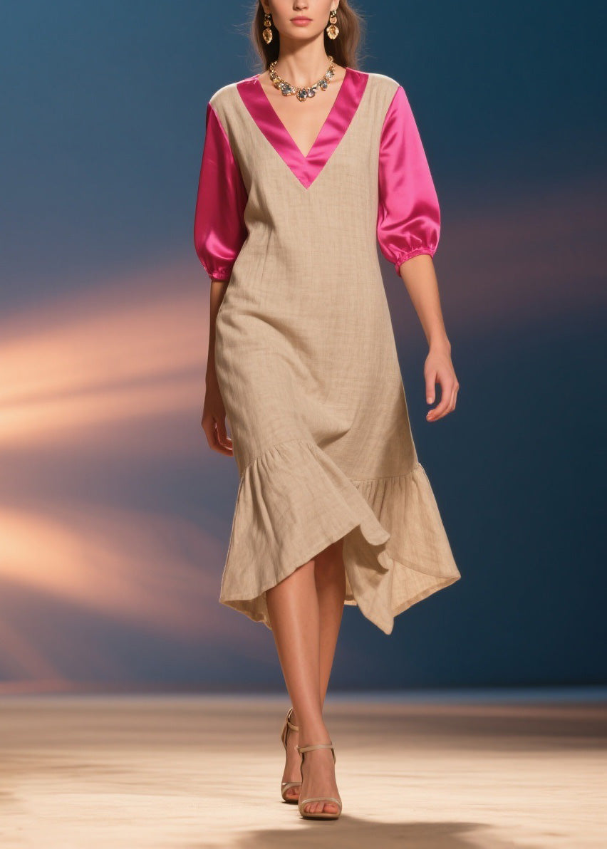 Deep V-Neck Puff Sleeve Satin Trim Relaxed Shift Ruffle Hem Midi Dress - View 3