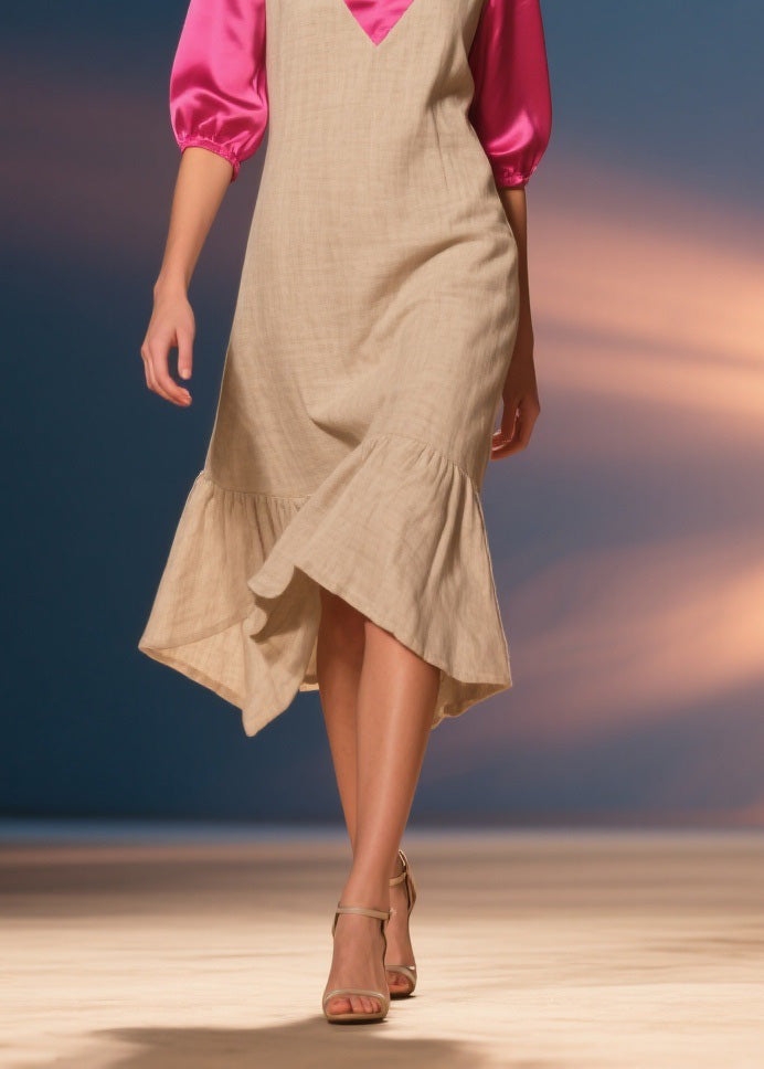 Deep V-Neck Puff Sleeve Satin Trim Relaxed Shift Ruffle Hem Midi Dress - View 4
