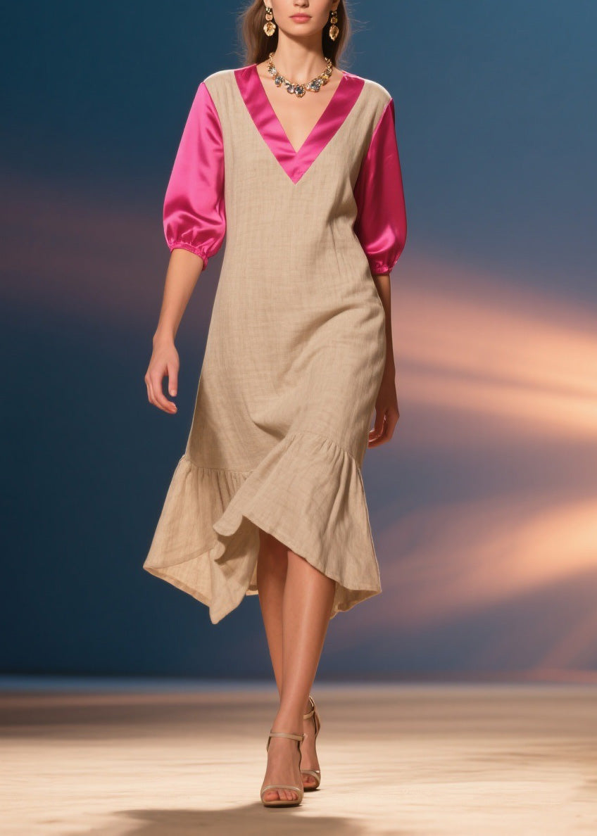 Deep V-Neck Puff Sleeve Satin Trim Relaxed Shift Ruffle Hem Midi Dress - View 5