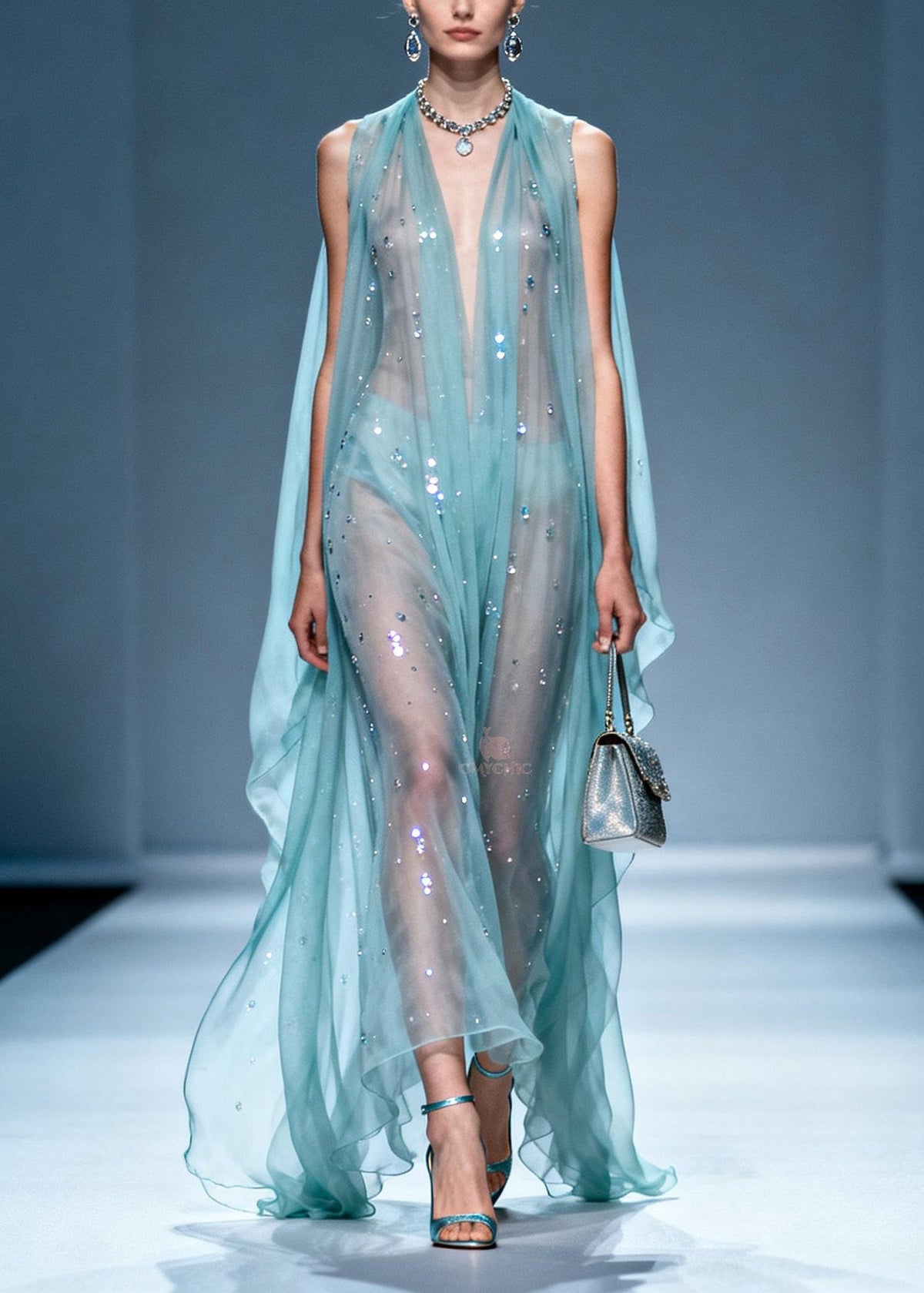 Sequin Scatter Deep V-Neck Cape Panel Ruffle Hem Sheer Maxi Gown - View 3