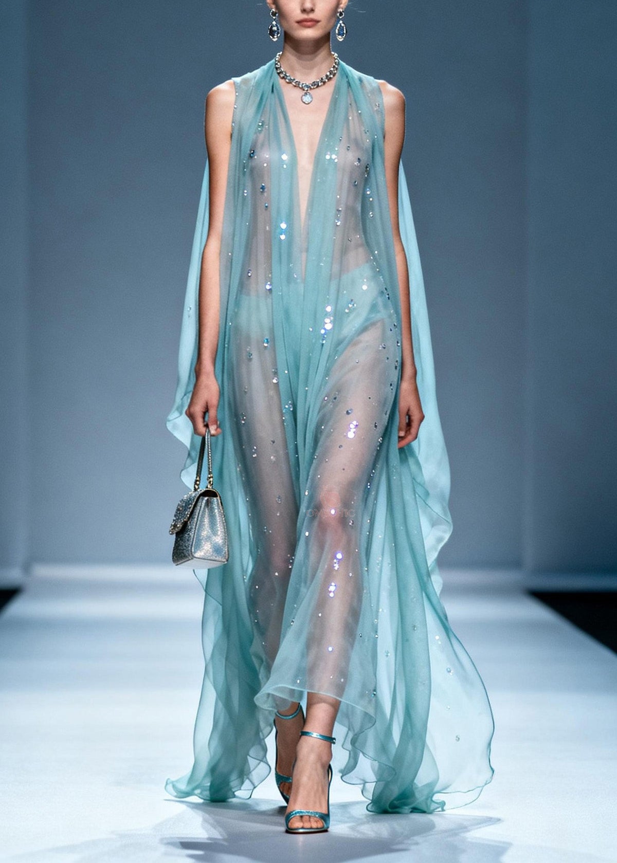 Sequin Scatter Deep V-Neck Cape Panel Ruffle Hem Sheer Maxi Gown - View 5