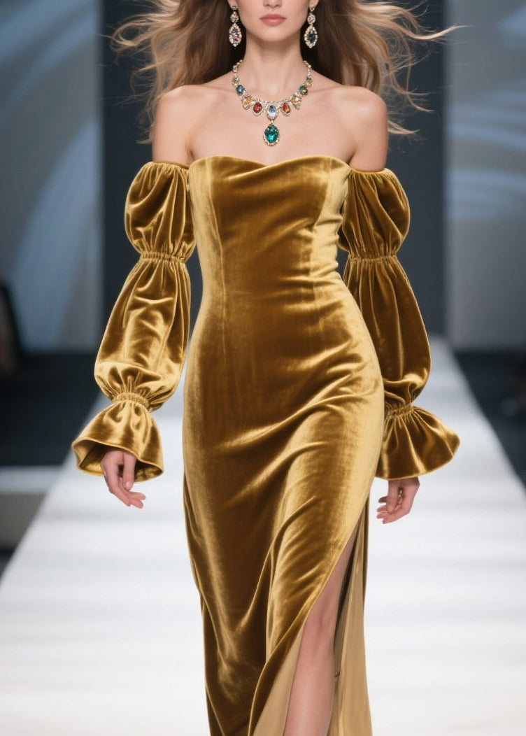 Velvet Off Shoulder Tiered Bishop Sleeve High Split Maxi Gown - View 2