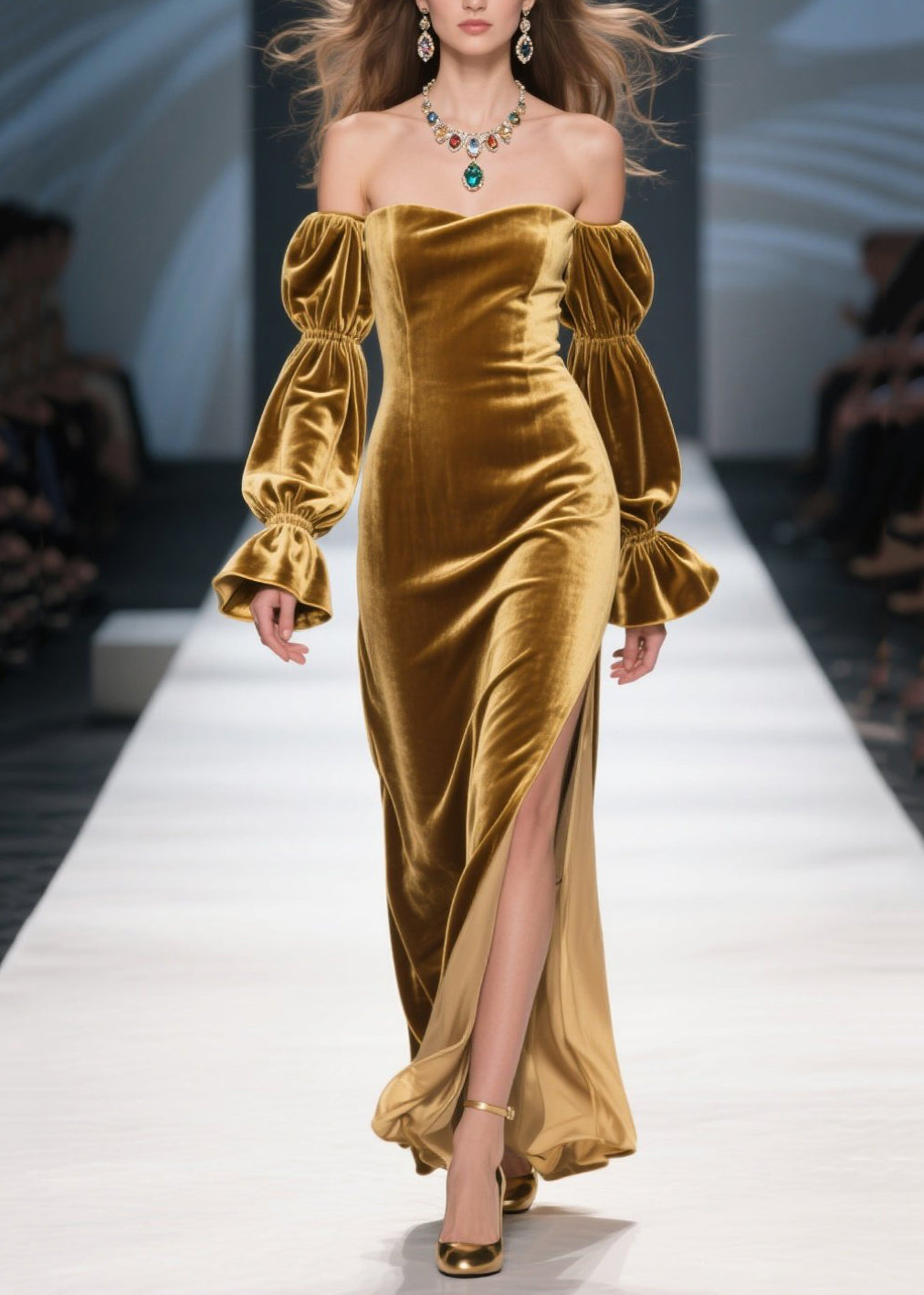 Velvet Off Shoulder Tiered Bishop Sleeve High Split Maxi Gown - View 5
