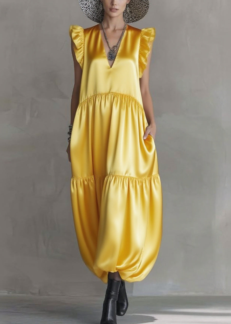 Satin V-Neck Cap Sleeve Tiered Bubble Hem Pocket Maxi Dress