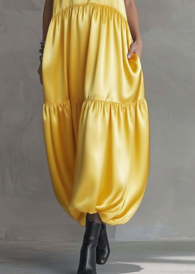 Satin V-Neck Cap Sleeve Tiered Bubble Hem Pocket Maxi Dress - View 4