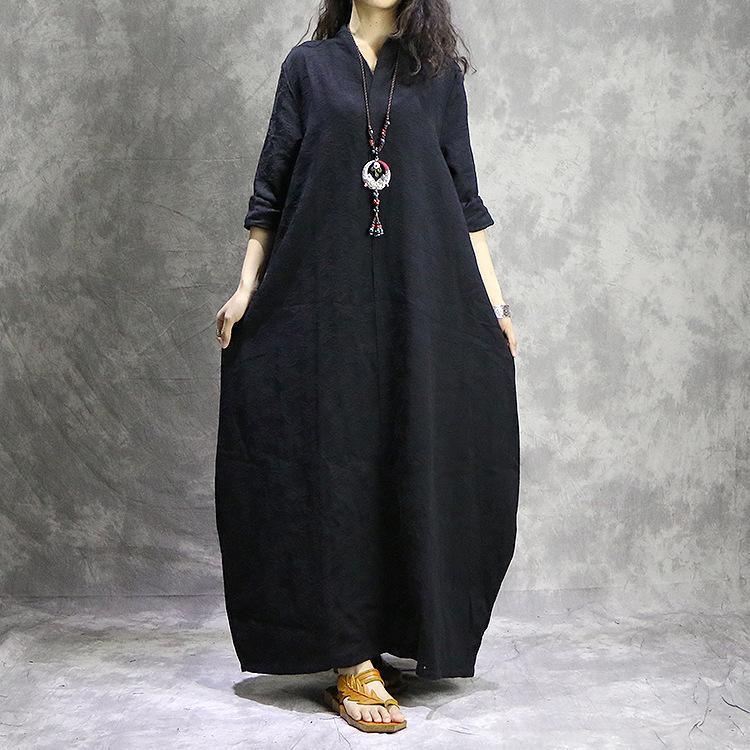 Linen Look Mandarin Collar V-Neck Cocoon Long Sleeve Maxi Dress