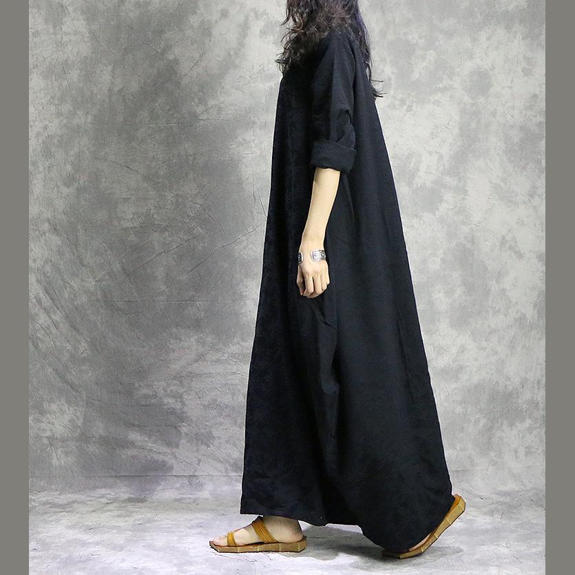 Linen Look Mandarin Collar V-Neck Cocoon Long Sleeve Maxi Dress - View 3