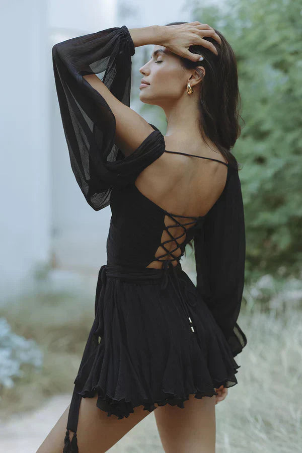 Deep V-Neck Tie Waist Cape Sleeve Ruffle Mini Summer Dress - View 3