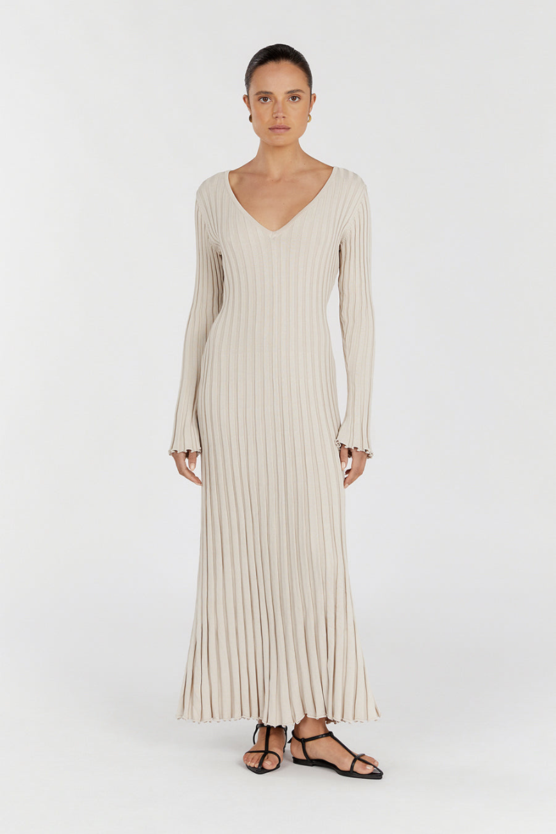Rib Knit V-Neck Lettuce Hem Long Sleeve Bodycon Maxi Dress - View 10