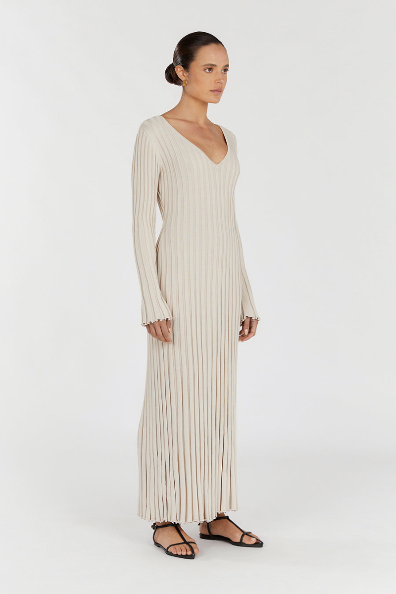 Rib Knit V-Neck Lettuce Hem Long Sleeve Bodycon Maxi Dress - View 12