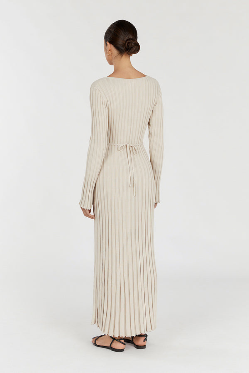 Rib Knit V-Neck Lettuce Hem Long Sleeve Bodycon Maxi Dress - View 13