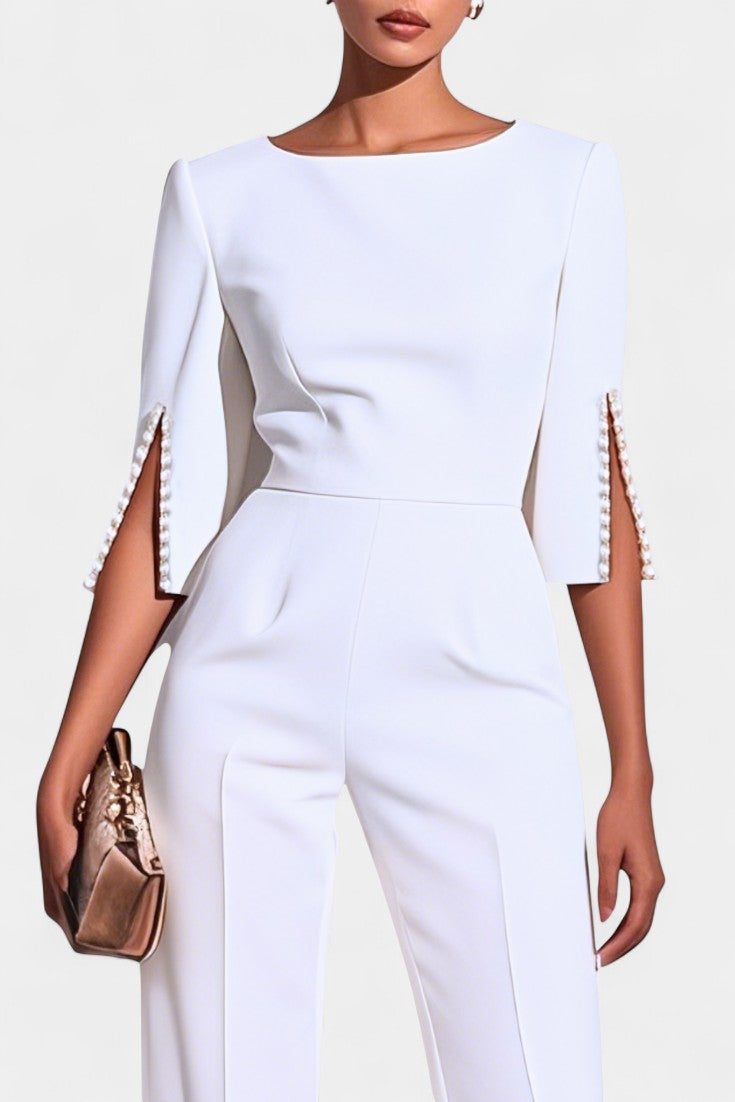 Boat Neck Pearl Trim Split Sleeve Wide Leg Jumpsuit 2