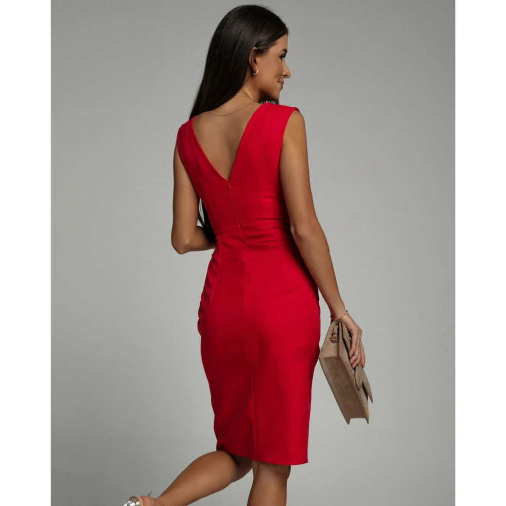 Deep V-Neck Pleated Shoulder Wrap Ruched Tulip Hem Cocktail Midi Dress - View 2