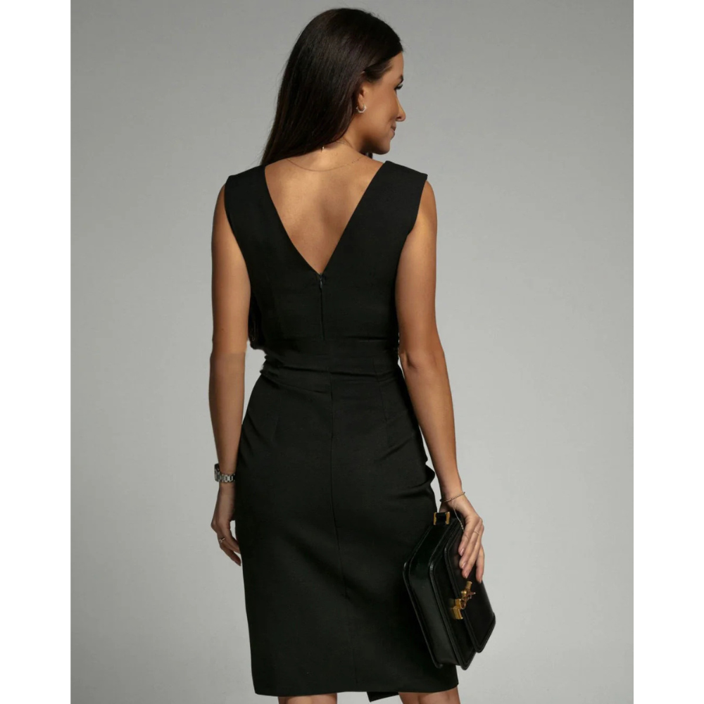 Deep V-Neck Pleated Shoulder Wrap Ruched Tulip Hem Cocktail Midi Dress - View 6