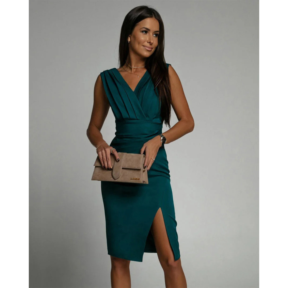 Deep V-Neck Pleated Shoulder Wrap Ruched Tulip Hem Cocktail Midi Dress - View 9