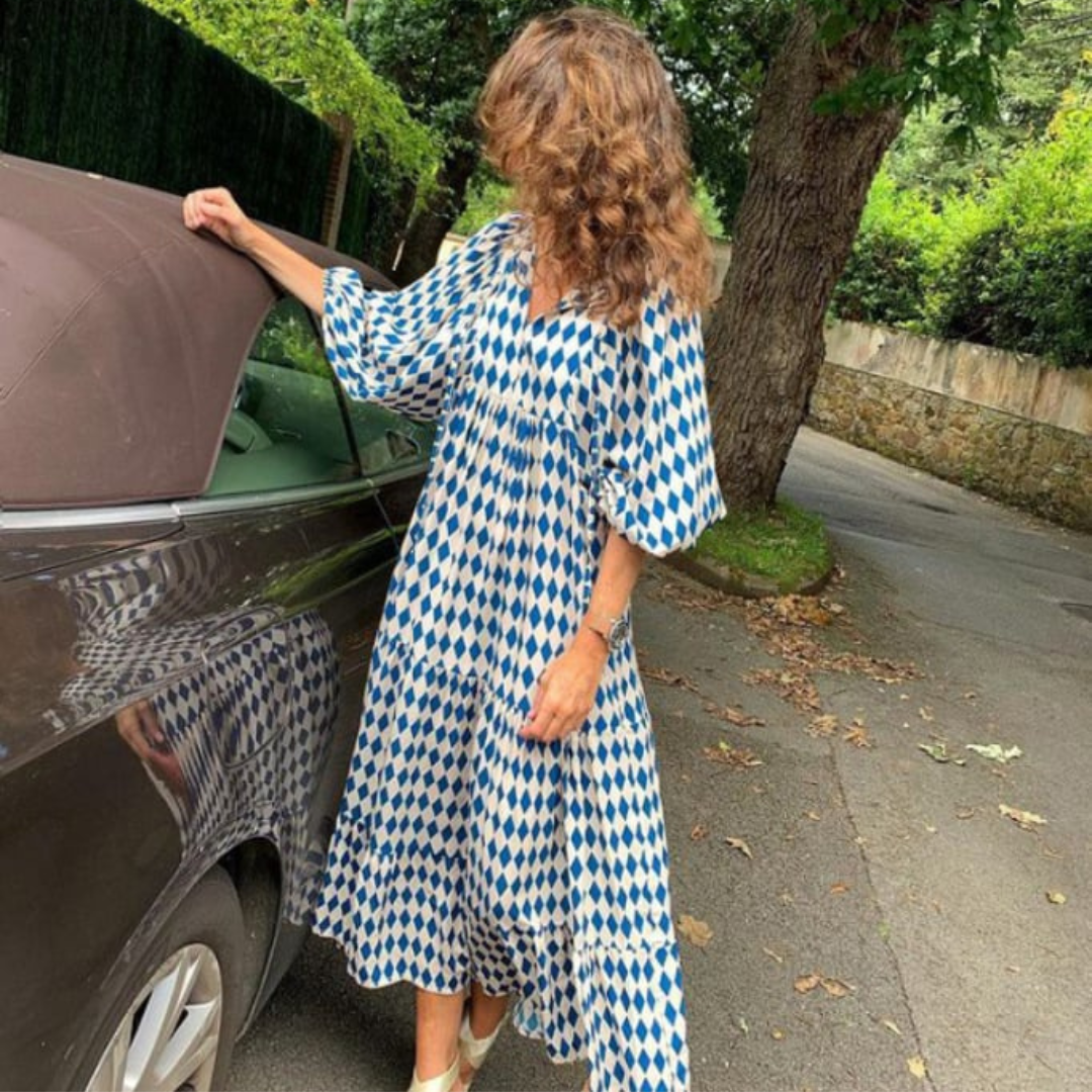 V-Neck Puff Sleeve Tiered Maxi Dress Boho 23