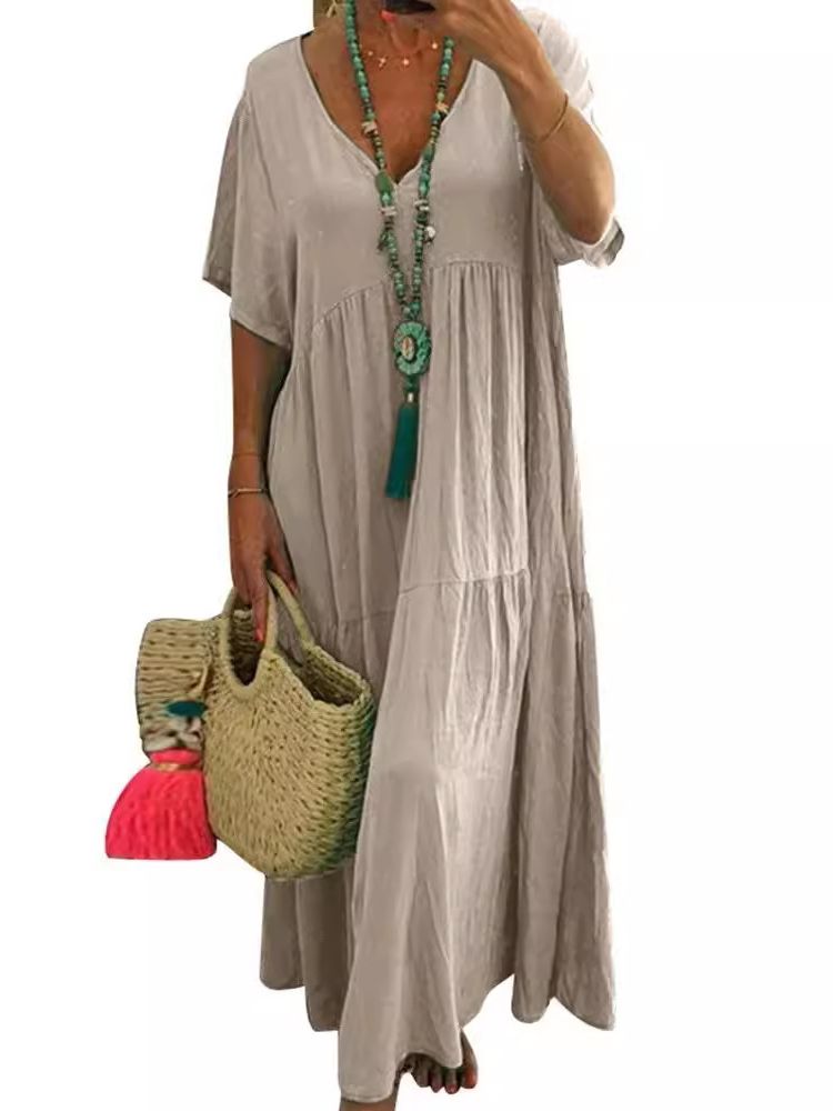 V-Neck Short Sleeve Tiered Maxi Dress Summer 9