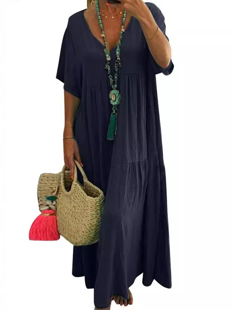 V-Neck Short Sleeve Tiered Maxi Dress Summer 10